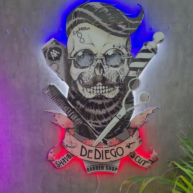 Rótulo ilustrado de neón LED con el logo de De Diego Barber Shop