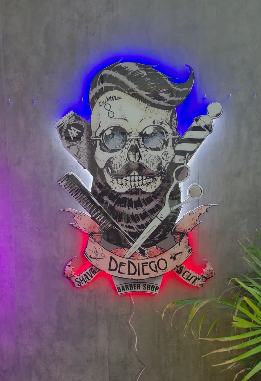 Logo ilustrado de neón LED de De Diego Barber Shop