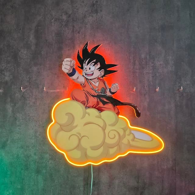 Cuadro de un personaje de anime sobre una nube en neón LED