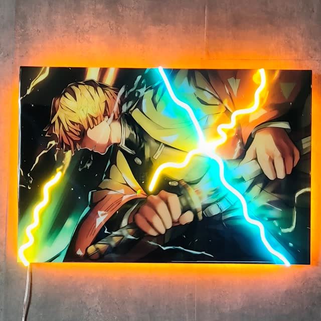 Cuadro de una escena de anime con efectos en neón LED