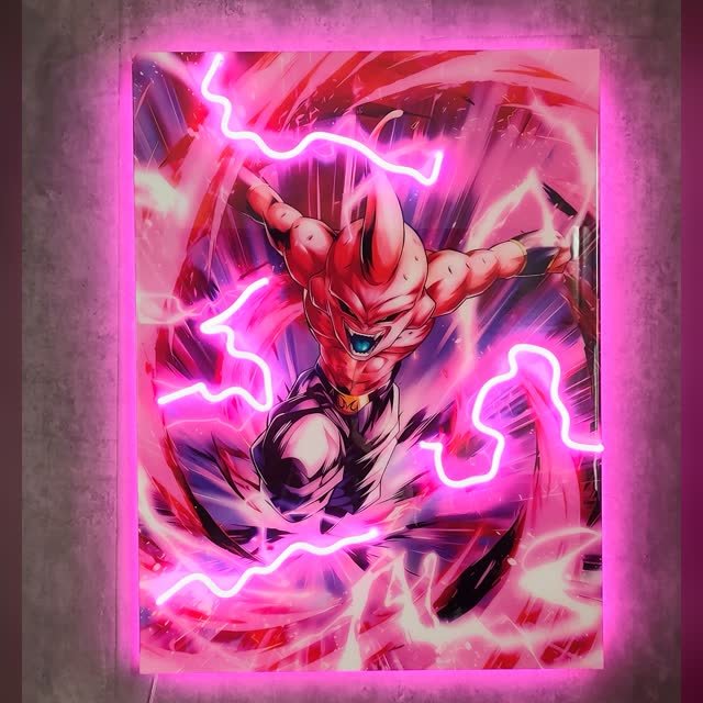 Cuadro de un personaje de anime con efectos en neón LED