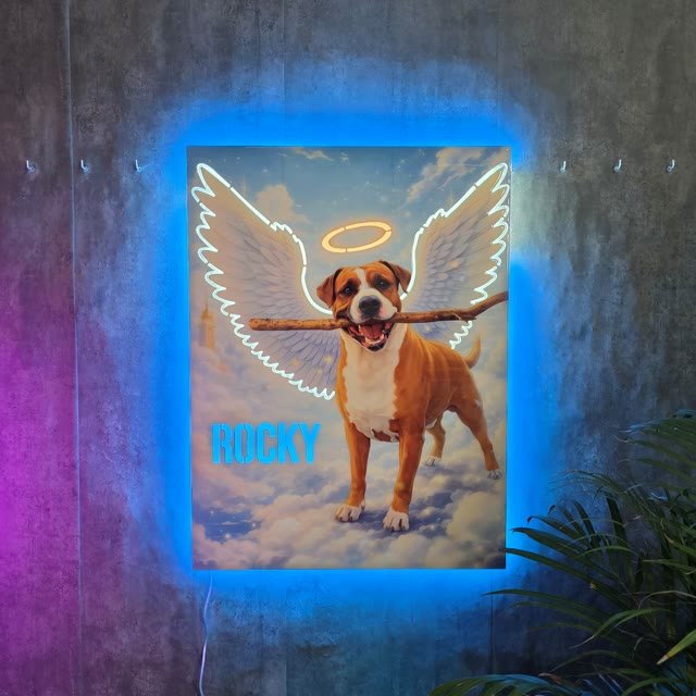Cuadro homenaje de mascota con alas de ángel en neón LED