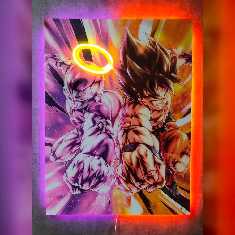 Cuadro recto de dos personajes de anime con neón