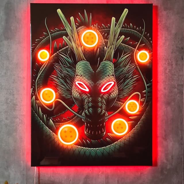 Cuadro recto de un dragón de anime con esferas de neón